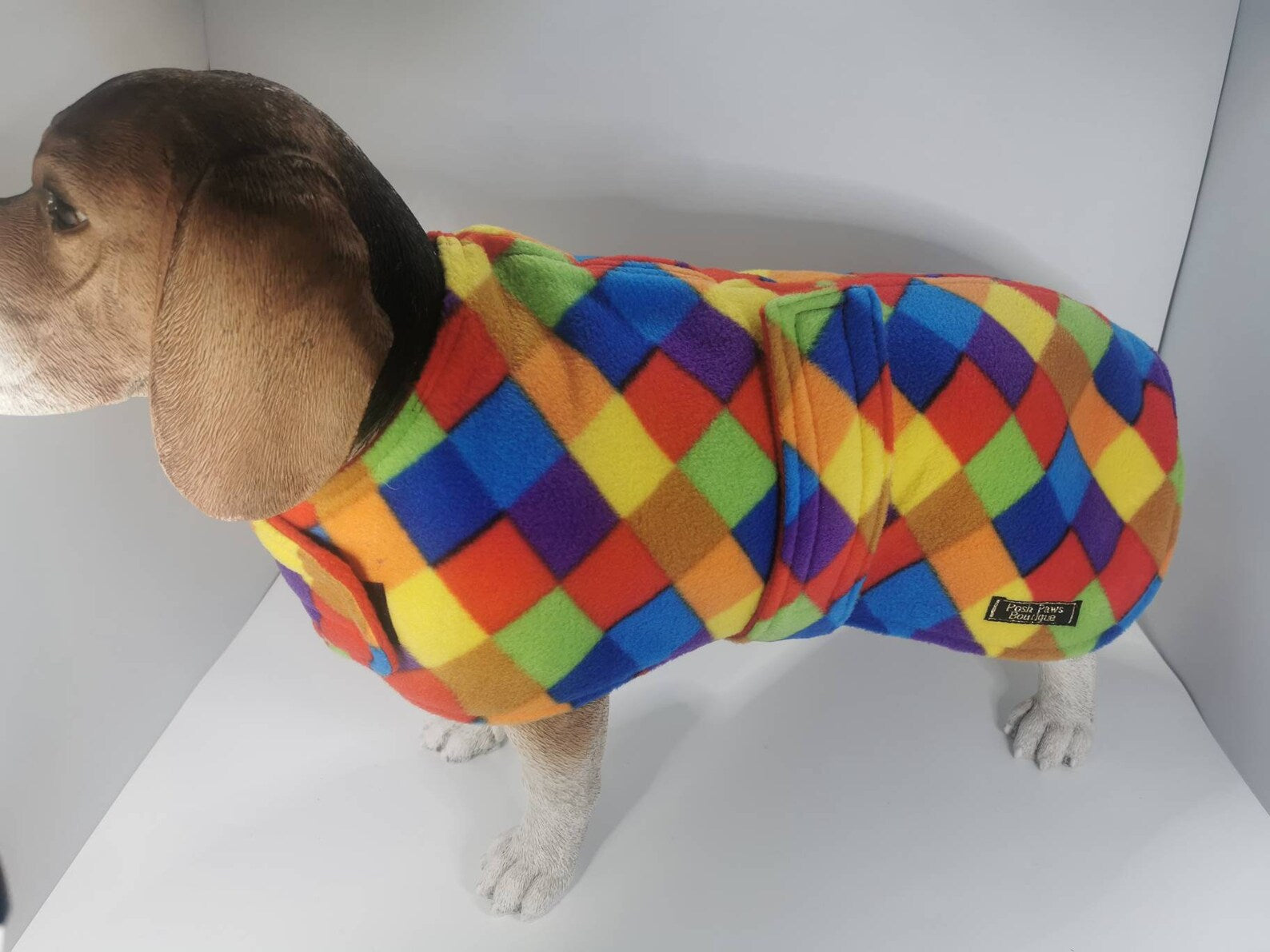 Multi colour check print  made to measure fleece dog coat with harness hole