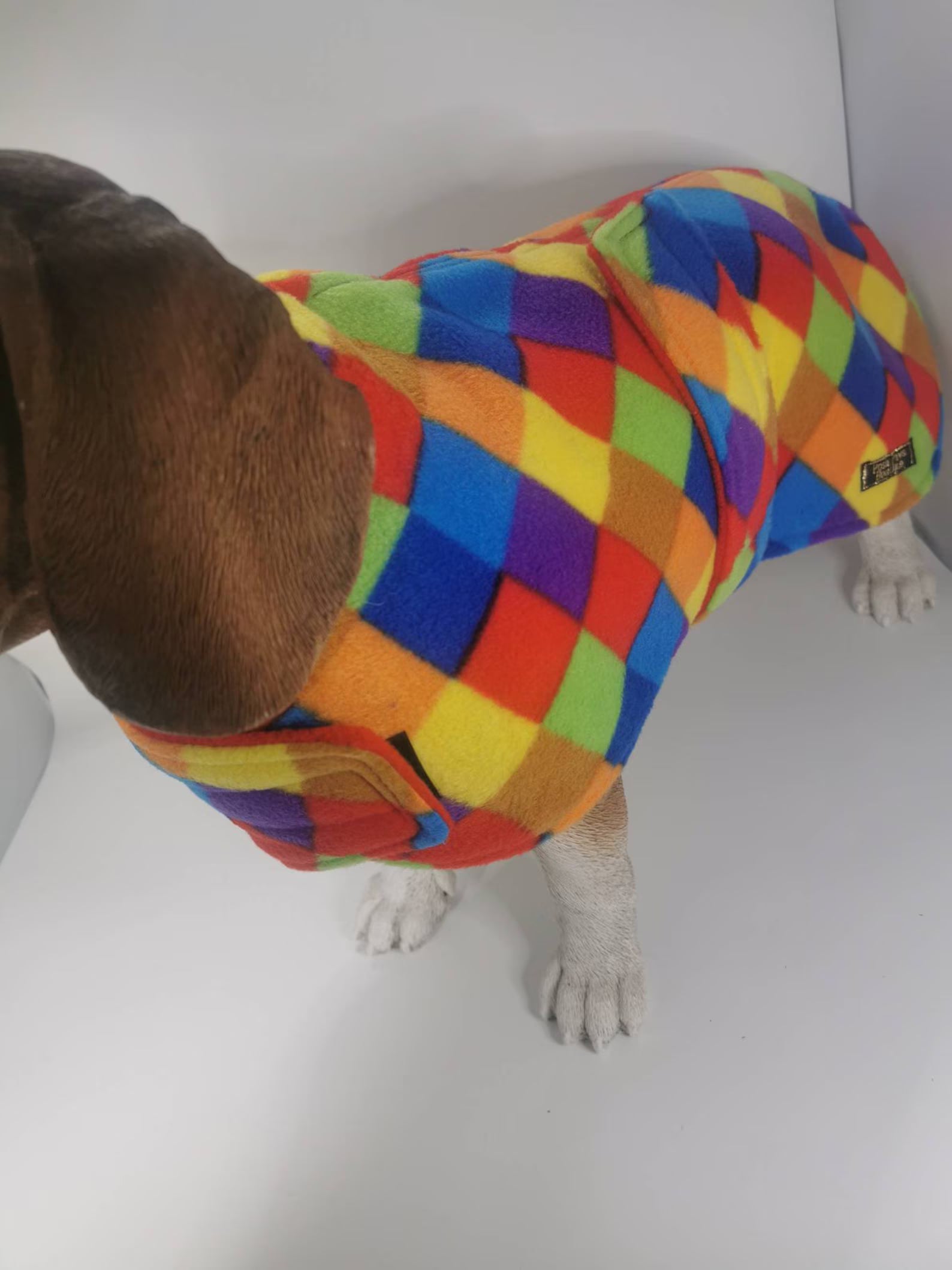 Multi colour check print  made to measure fleece dog coat with harness hole