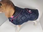 Navy & Pink made to measure quilted shower proof bespoke made dog coats