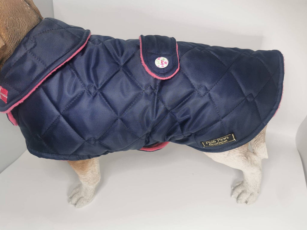Navy & Pink made to measure quilted shower proof bespoke made dog coats