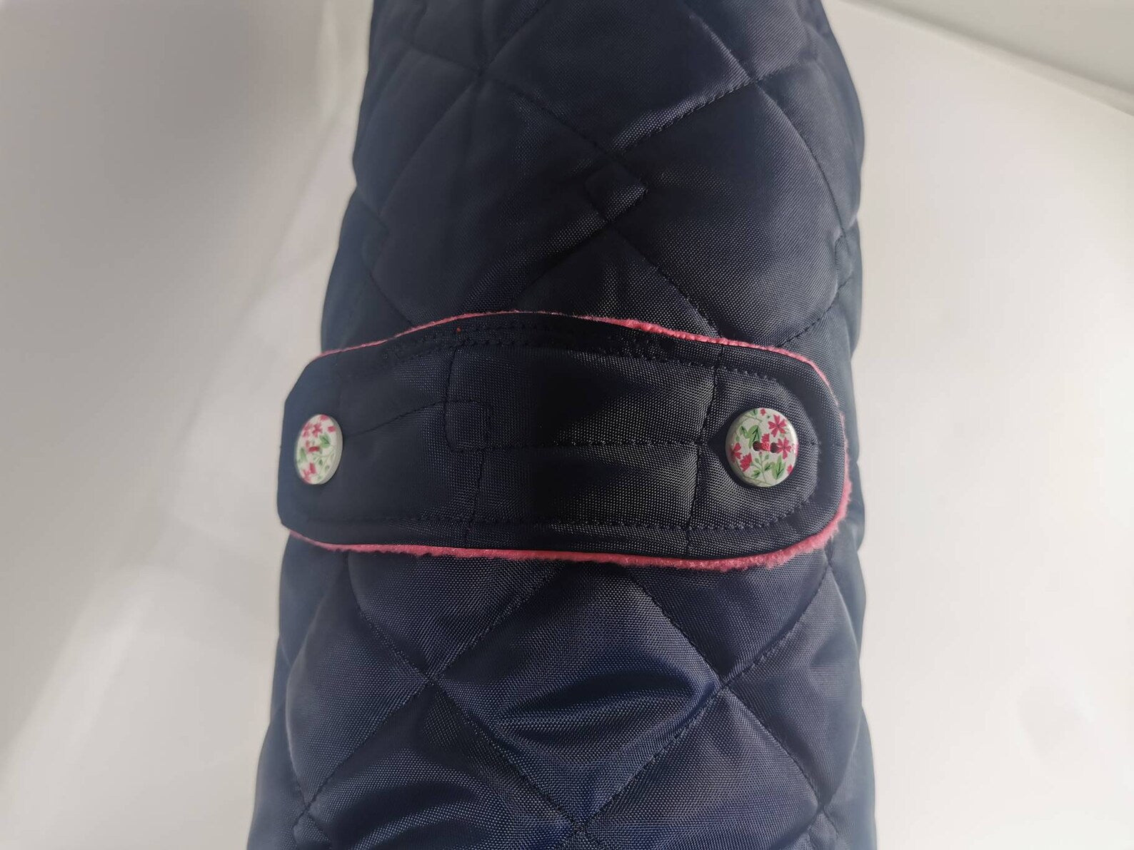Navy & Pink made to measure quilted shower proof bespoke made dog coats
