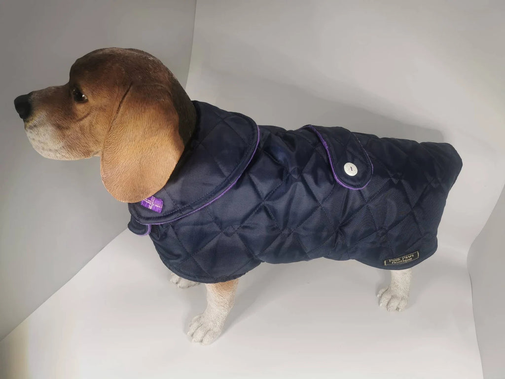 Navy & purple made to measure quilted shower proof bespoke made dog coats