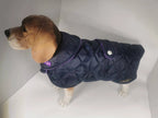 Navy & purple made to measure quilted shower proof bespoke made dog coats