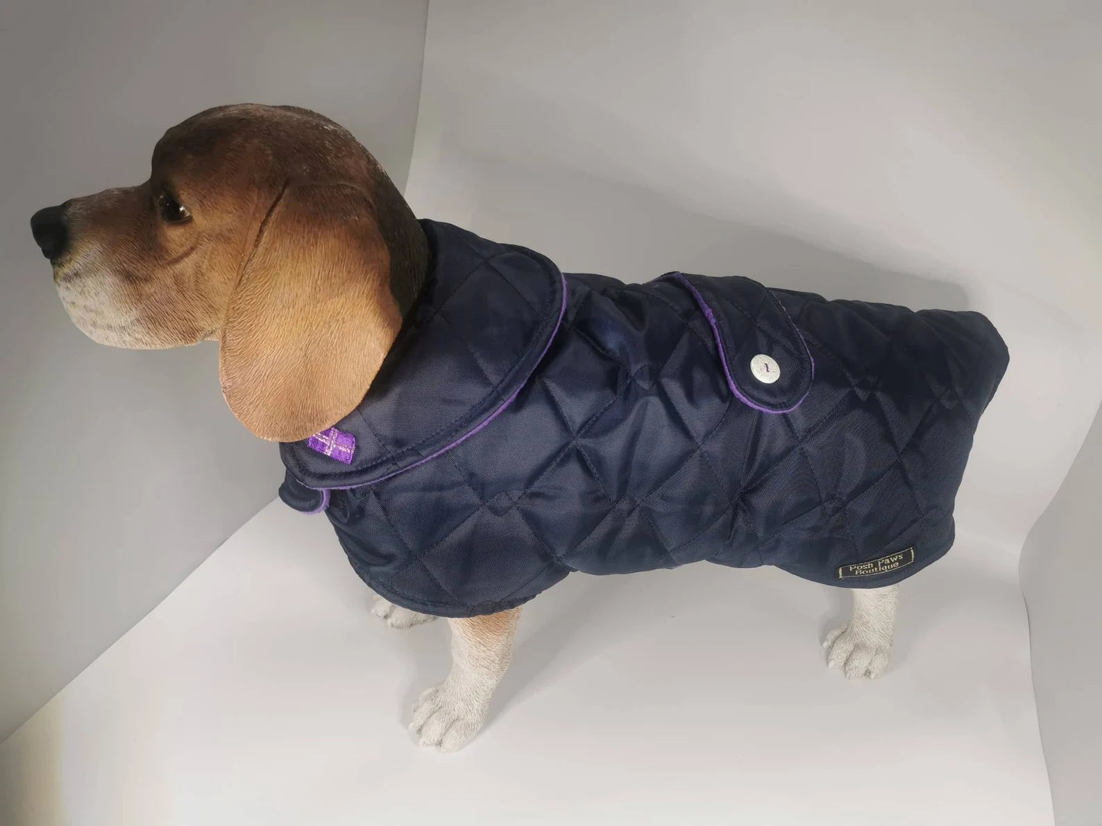 Navy & purple made to measure quilted shower proof bespoke made dog coats