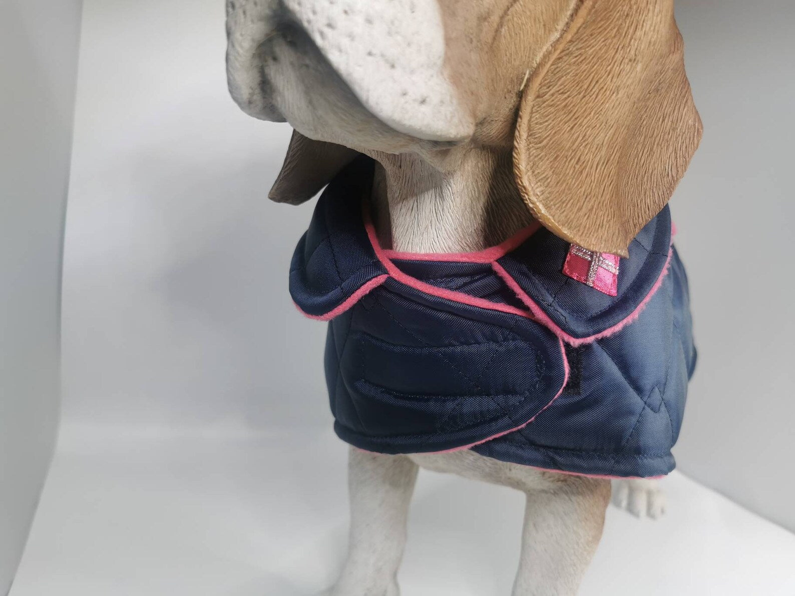 Navy & Pink made to measure quilted shower proof bespoke made dog coats