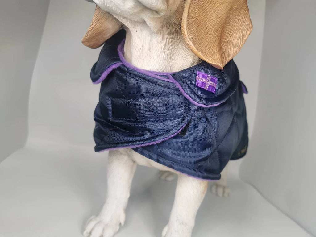 Navy & purple made to measure quilted shower proof bespoke made dog coats