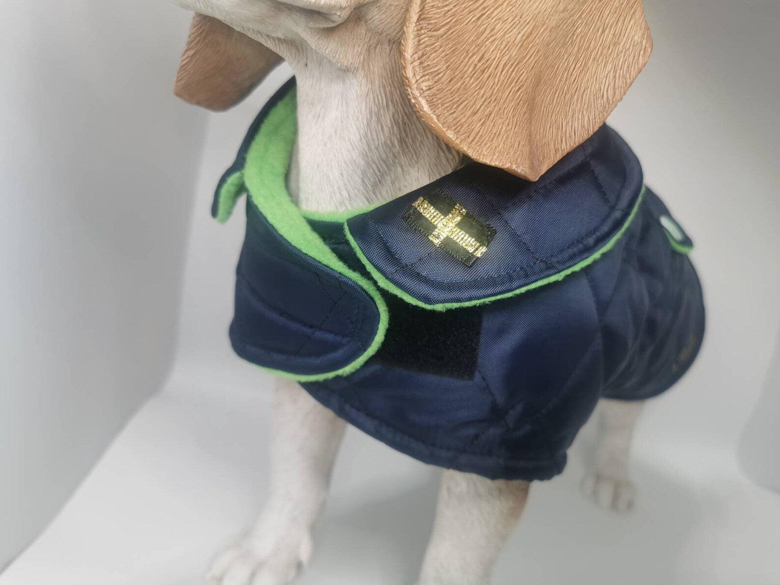 Navy & Green made to measure quilted shower proof bespoke made dog coats