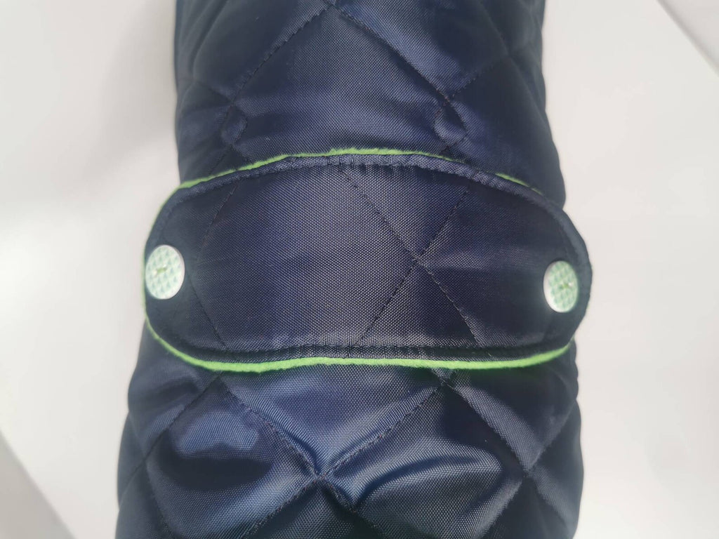 Navy & Green made to measure quilted shower proof bespoke made dog coats