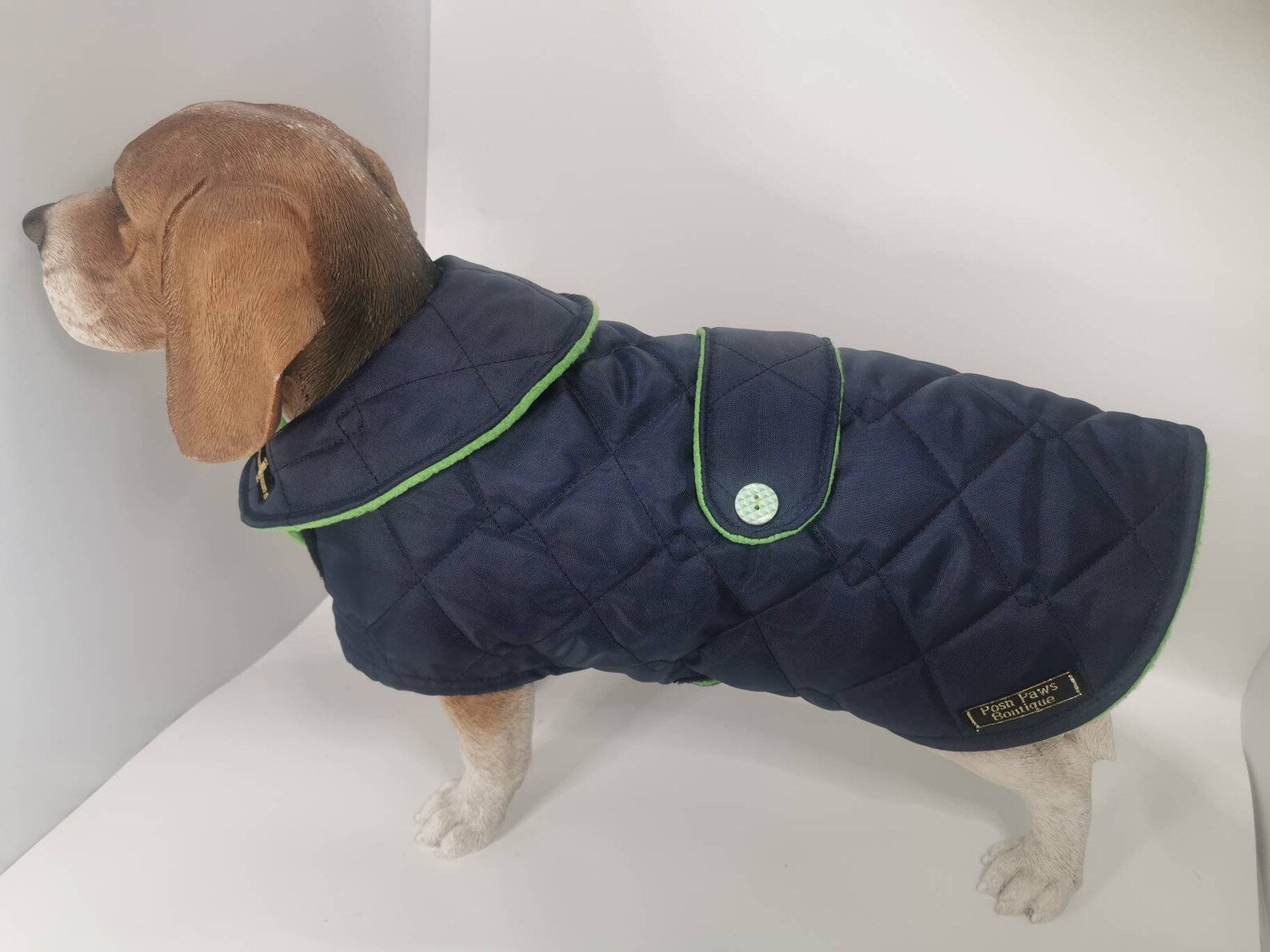 Navy & Green made to measure quilted shower proof bespoke made dog coats