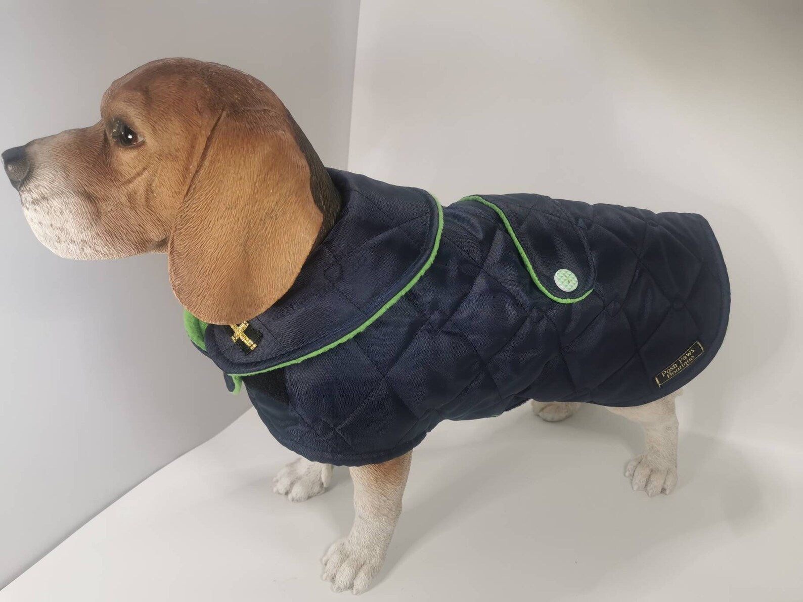 Navy & Green made to measure quilted shower proof bespoke made dog coats