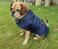 Navy & Mustard made to measure quilted shower proof bespoke made dog coats