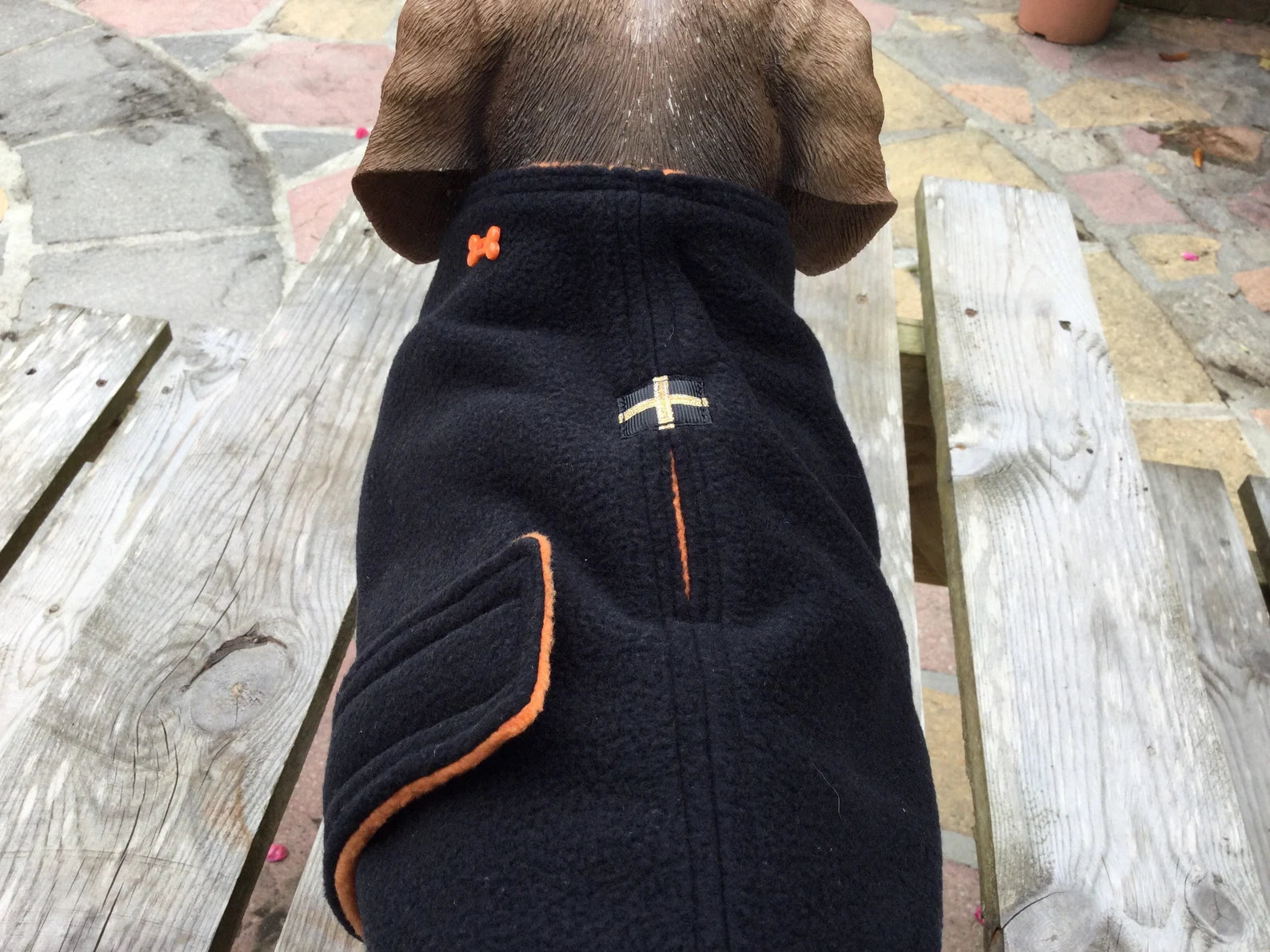 Black & Orange made to measure fleece dog coat with harness hole