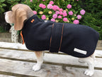Black & Orange made to measure fleece dog coat with harness hole