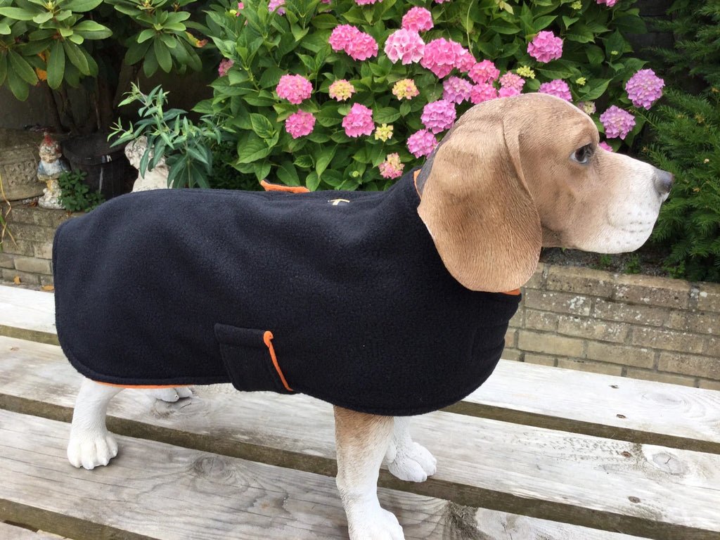 Black & Orange made to measure fleece dog coat with harness hole