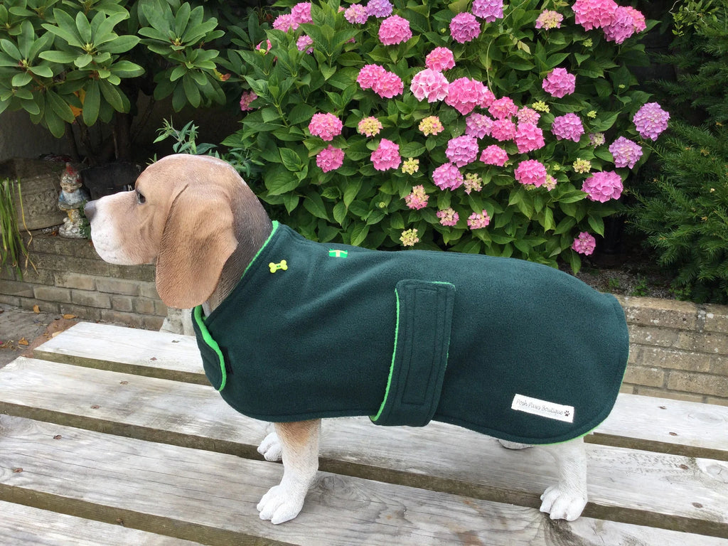 Bottle green & Emerald made to measure fleece dog coat with harness hole