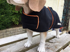 Black & Orange made to measure fleece dog coat with harness hole