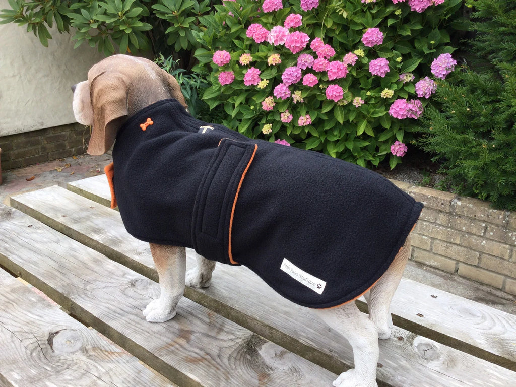 Black & Orange made to measure fleece dog coat with harness hole