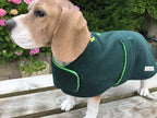 Bottle green & Emerald made to measure fleece dog coat with harness hole