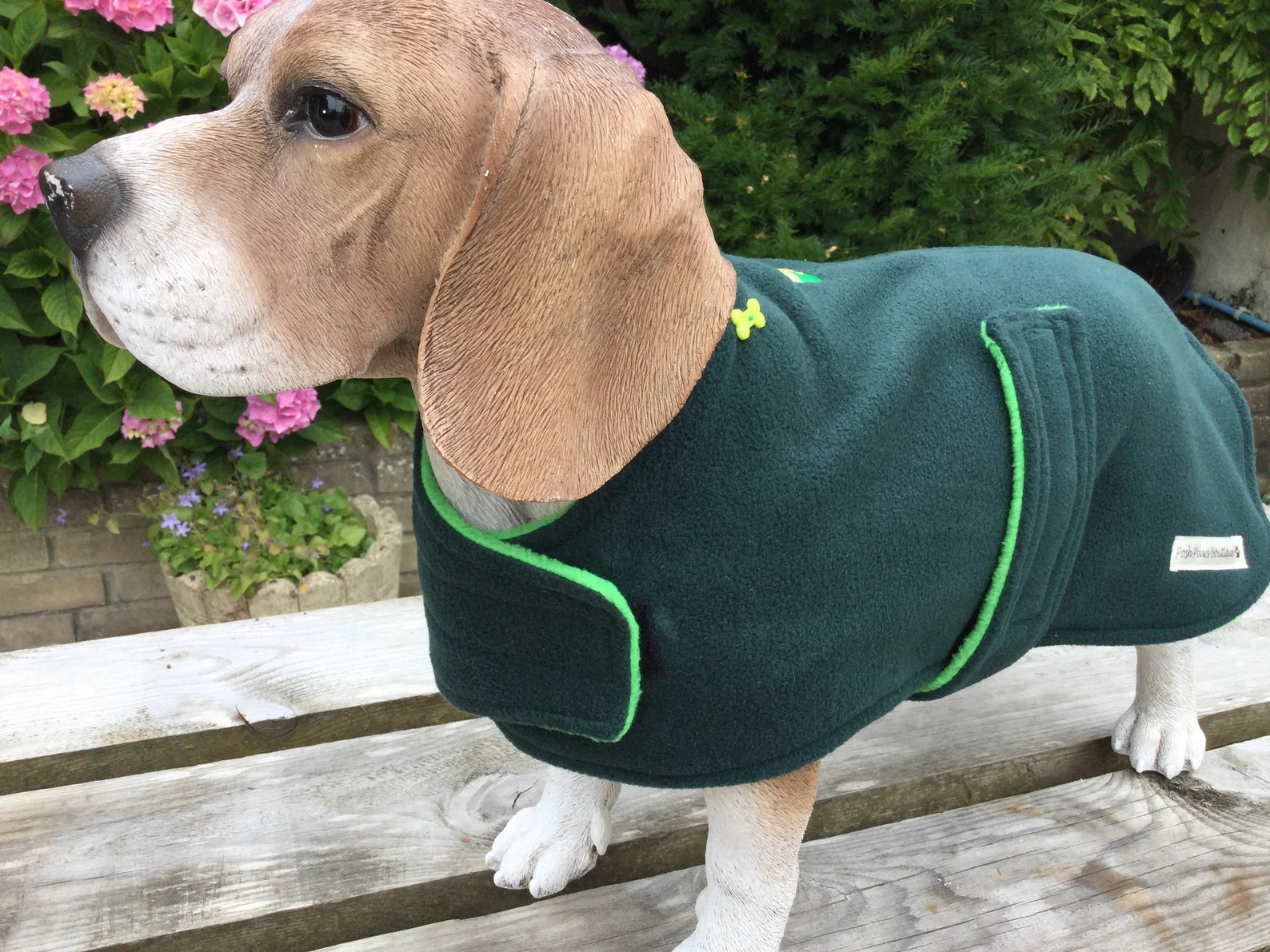 Bottle green & Emerald made to measure fleece dog coat with harness hole