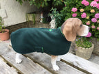 Bottle green & Emerald made to measure fleece dog coat with harness hole