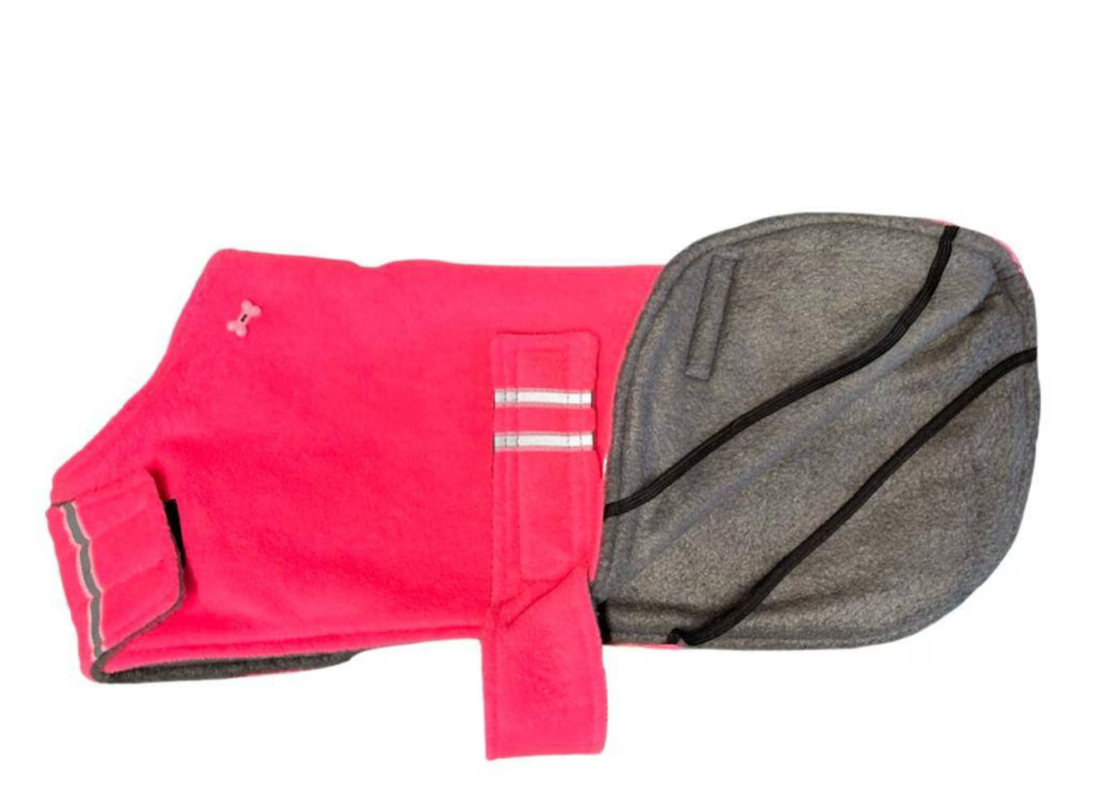 Florescent pink hi vis made to measure fleece dog coat with harness hole