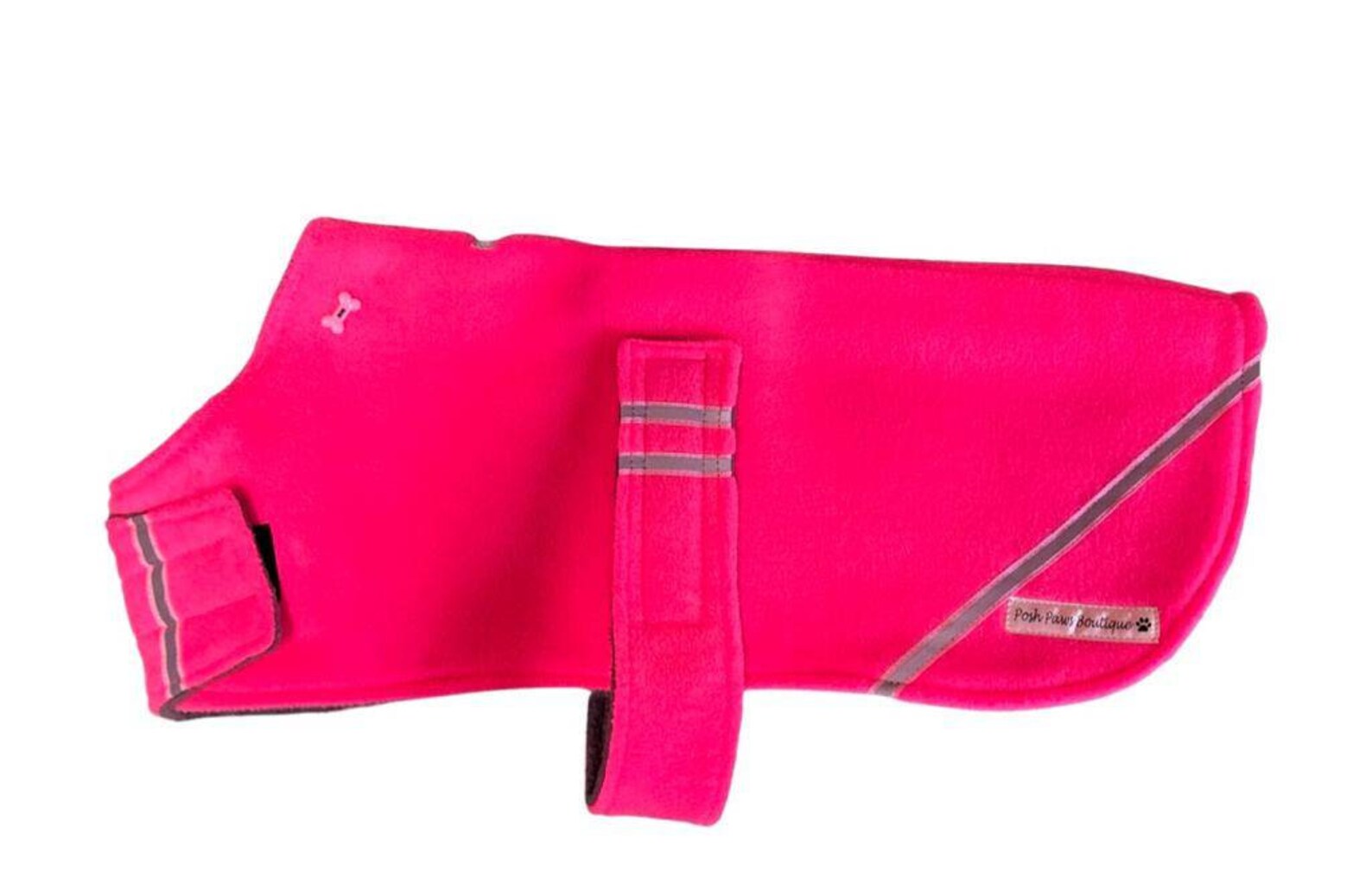 Florescent pink hi vis made to measure fleece dog coat with harness hole