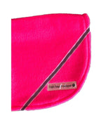 Florescent pink hi vis made to measure fleece dog coat with harness hole