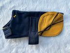Navy & Mustard made to measure fleece dog coat with harness hole