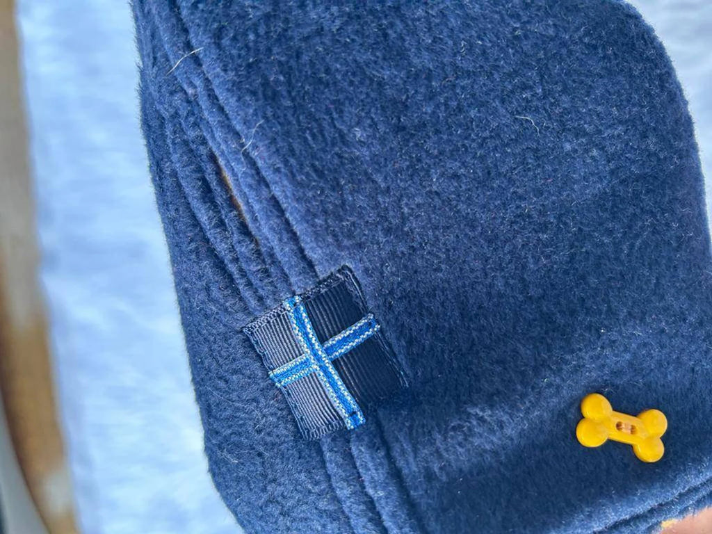 Navy & Mustard made to measure fleece dog coat with harness hole