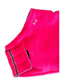 Florescent pink hi vis made to measure fleece dog coat with harness hole