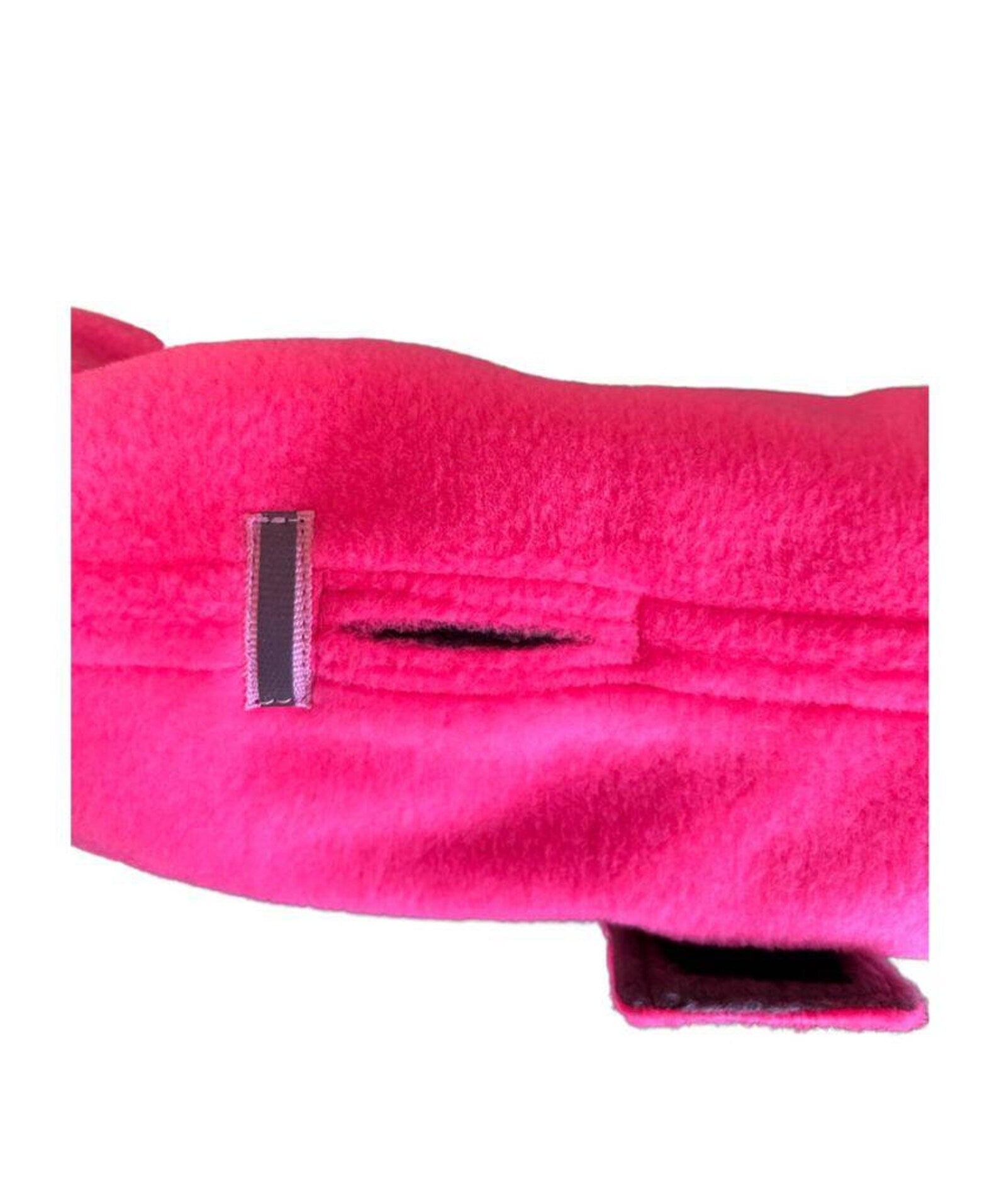 Florescent pink hi vis made to measure fleece dog coat with harness hole