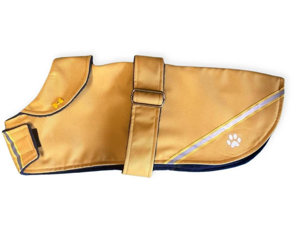 Mustard Hi Vis Reflective Made to Measure Custom Waterproof Fleece Lined Bespoke Dog Coat