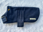 Navy & Mustard made to measure fleece dog coat with harness hole