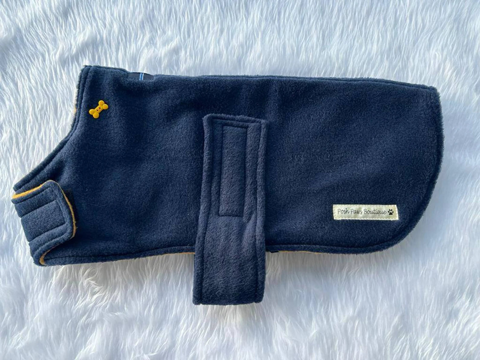 Navy & Mustard made to measure fleece dog coat with harness hole