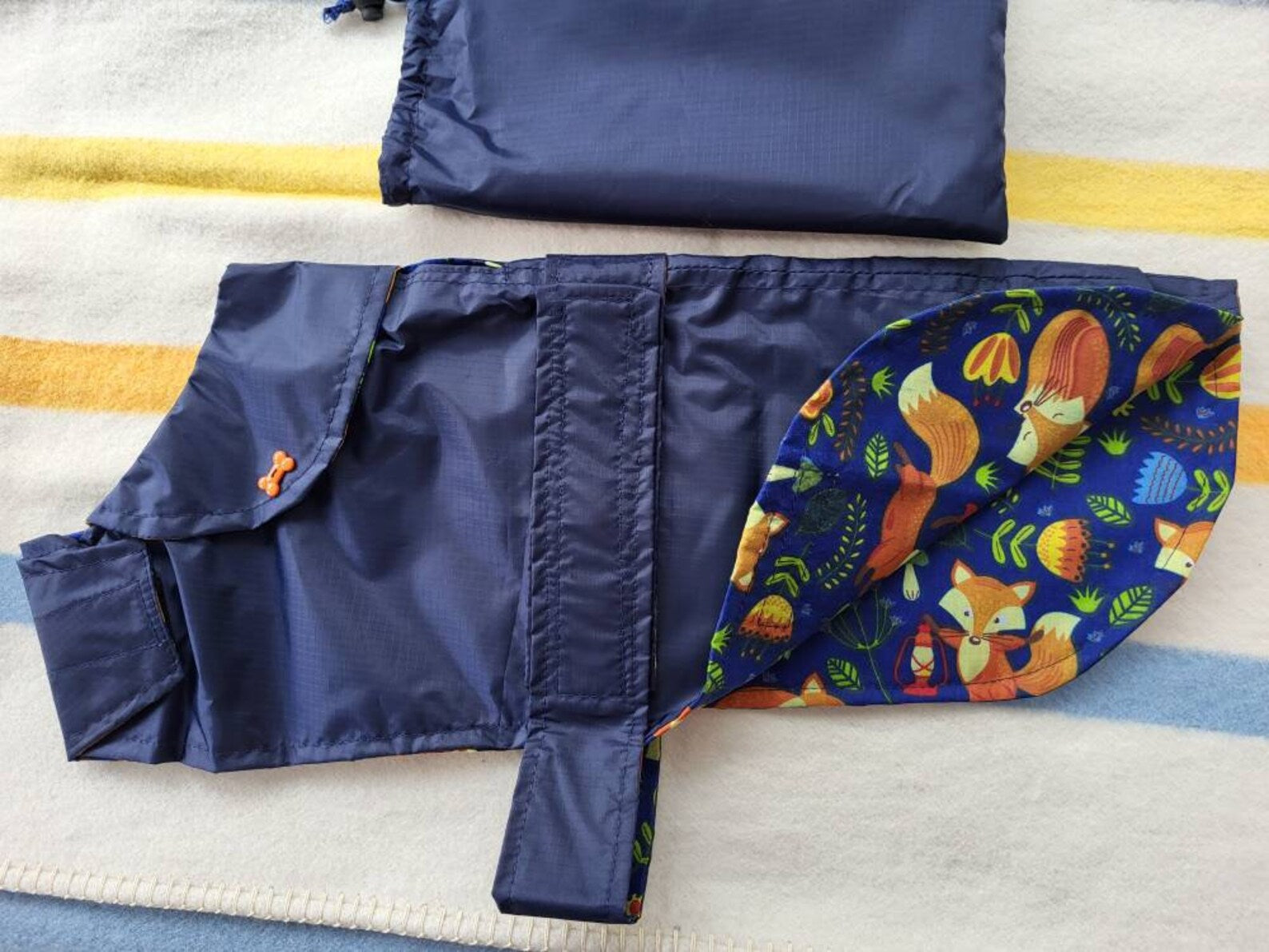 Navy lightweight spring / summer made to measure waterproof handmade dog coat in carry bag