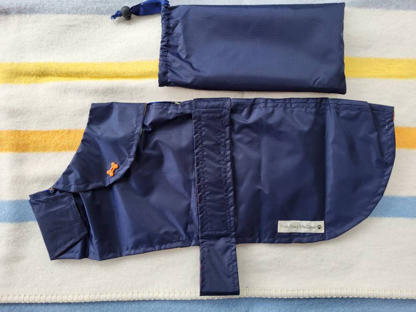 Navy lightweight spring / summer made to measure waterproof handmade dog coat in carry bag