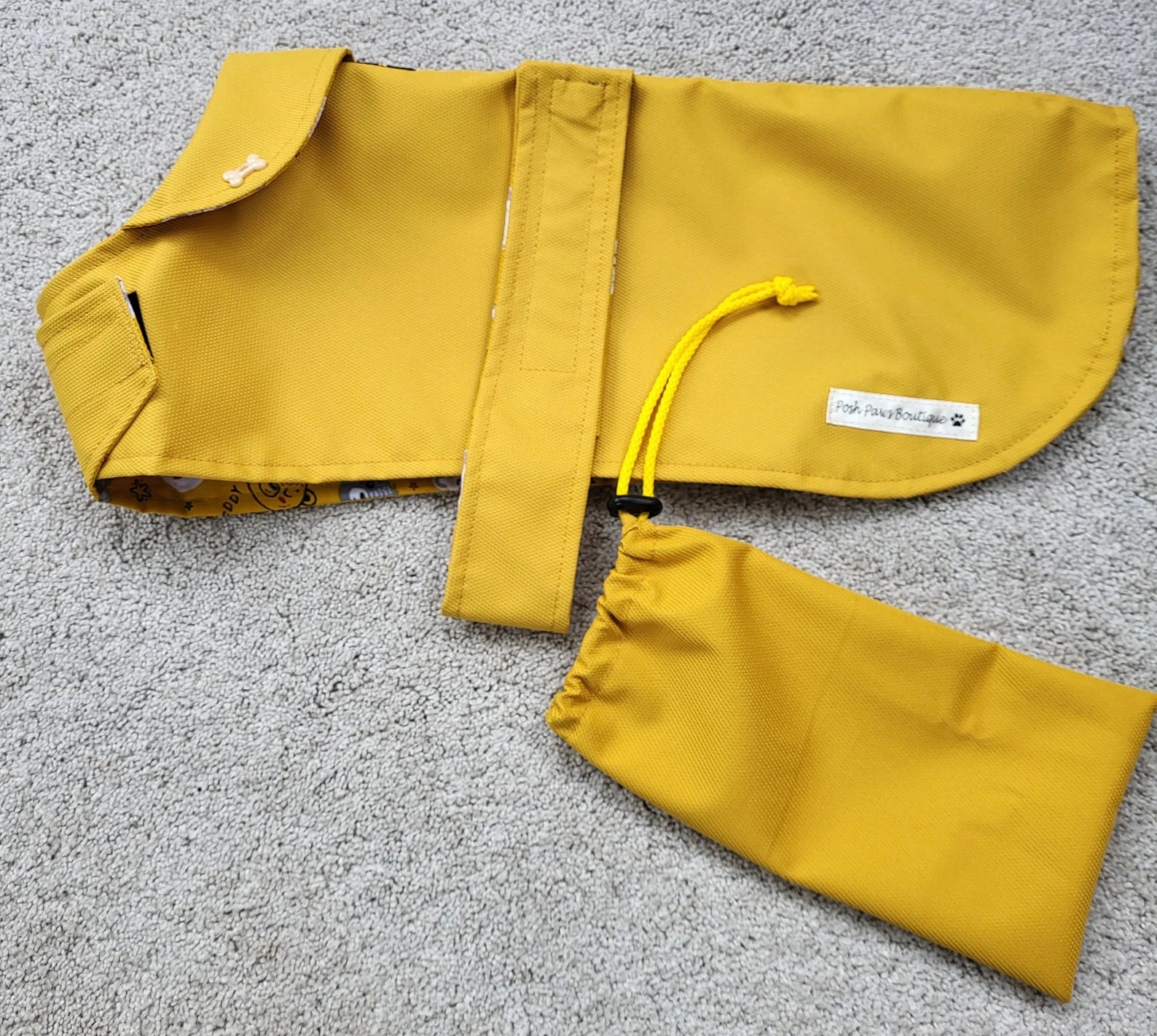 Lightweight spring / summer made to measure waterproof handmade mustard dog coat in carry bag
