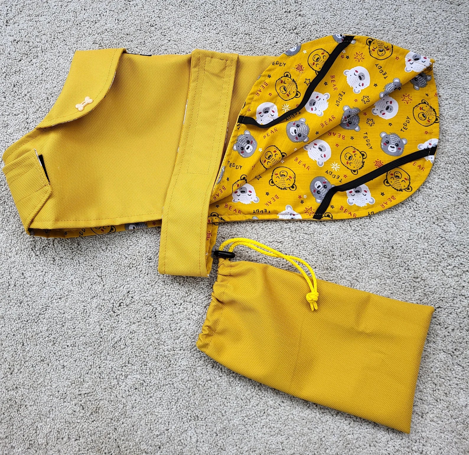 Lightweight spring / summer made to measure waterproof handmade mustard dog coat in carry bag