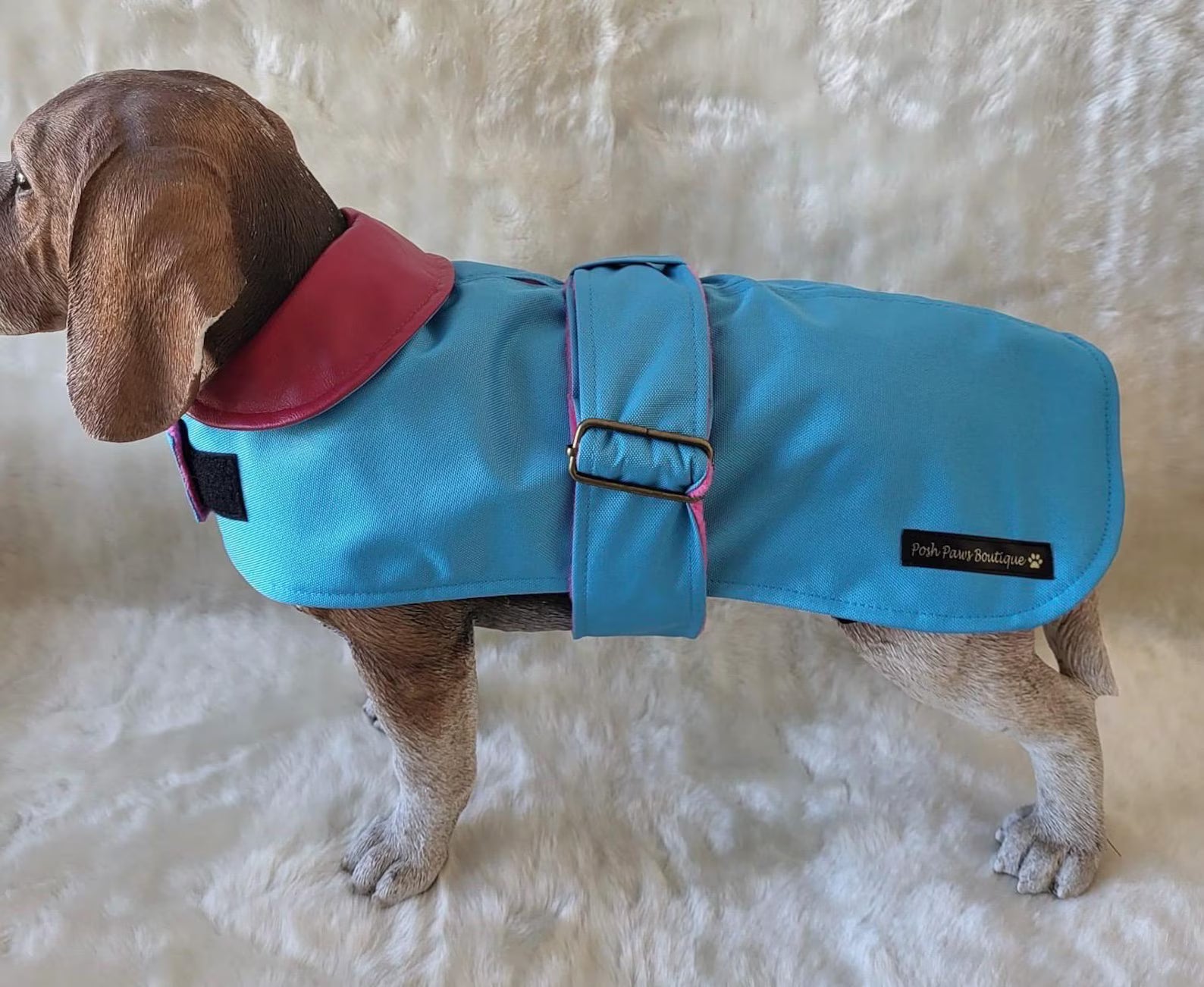 Turquoise with Pink Leather Collar Made to Measure Custom Waterproof Fleece Lined Bespoke Dog Coat
