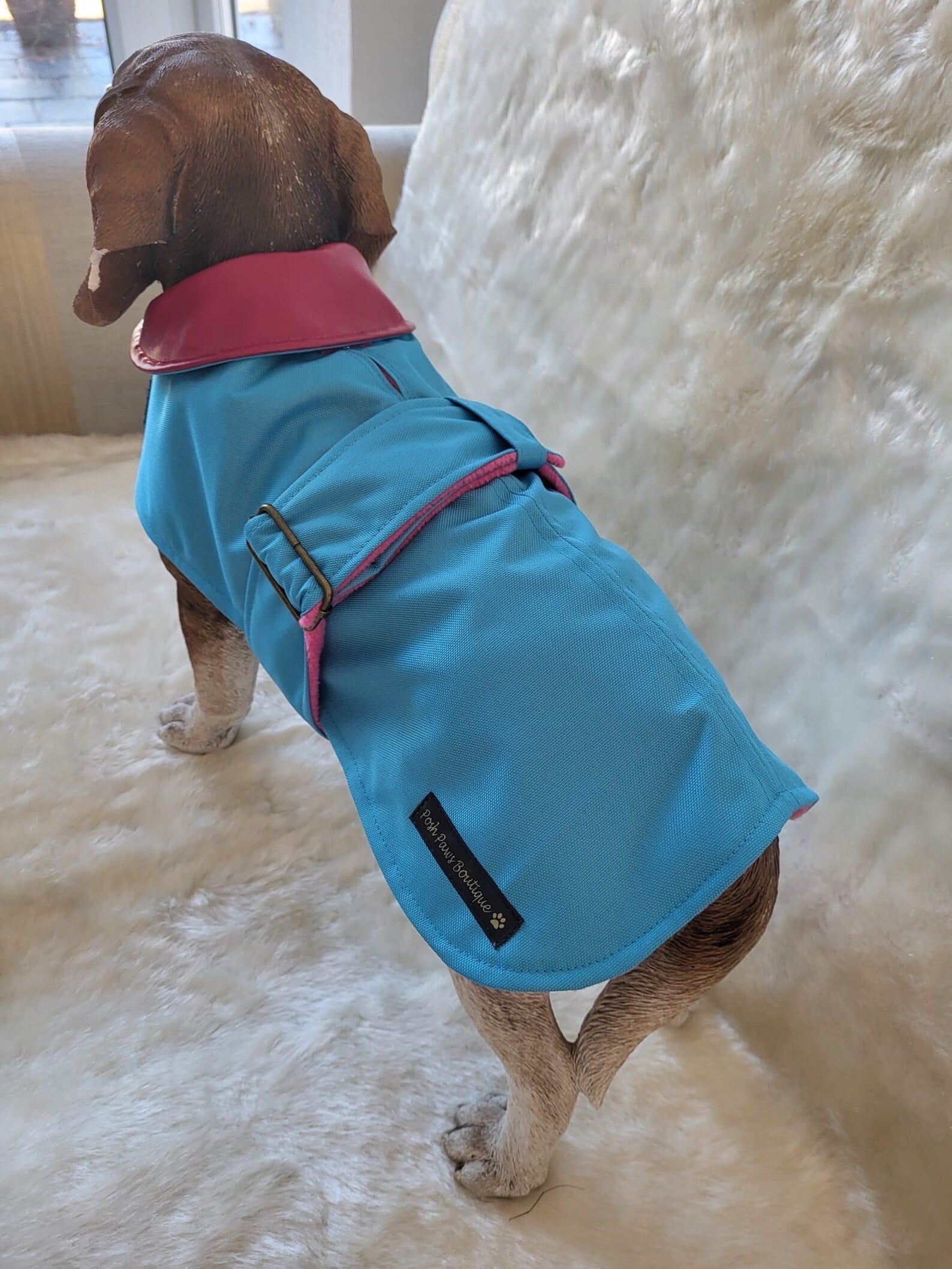 Turquoise with Pink Leather Collar Made to Measure Custom Waterproof Fleece Lined Bespoke Dog Coat