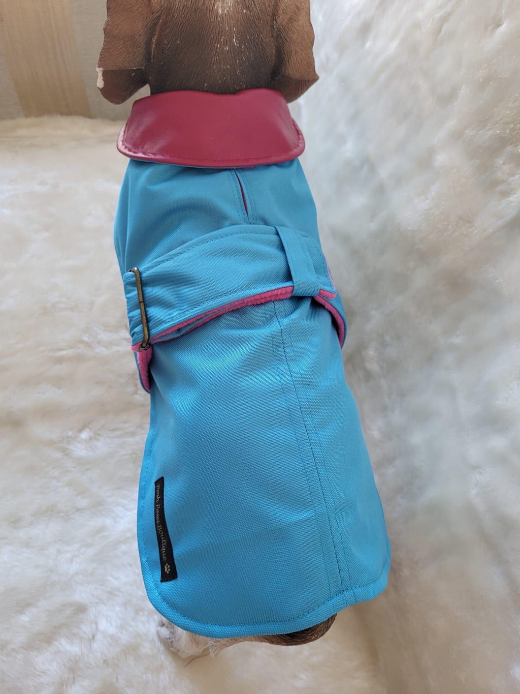 Turquoise with Pink Leather Collar Made to Measure Custom Waterproof Fleece Lined Bespoke Dog Coat