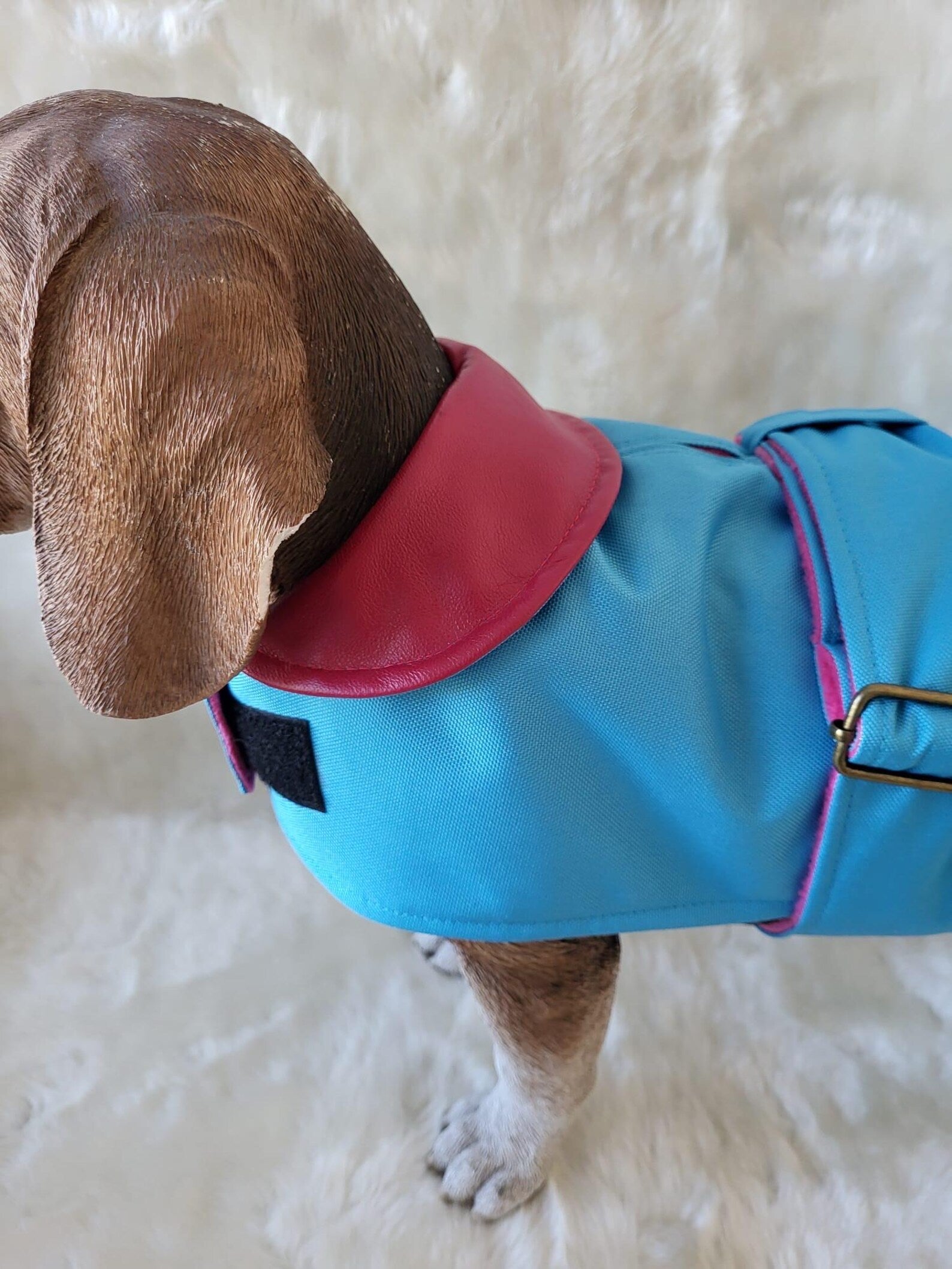 Turquoise with Pink Leather Collar Made to Measure Custom Waterproof Fleece Lined Bespoke Dog Coat