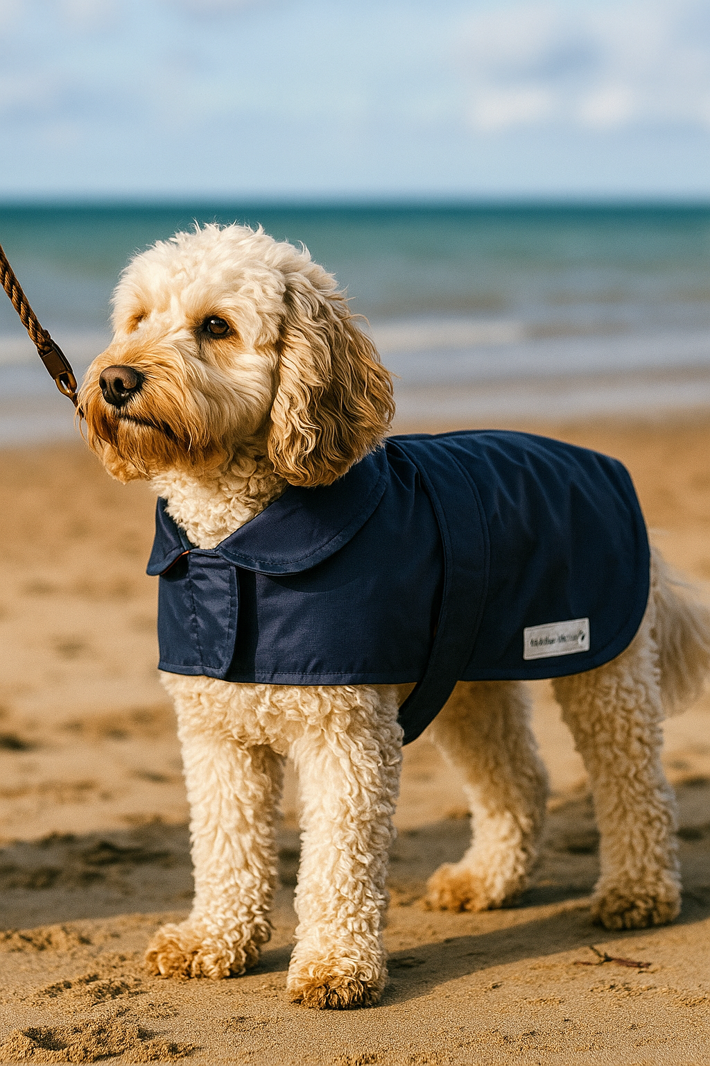 Navy lightweight spring / summer made to measure waterproof handmade dog coat in carry bag